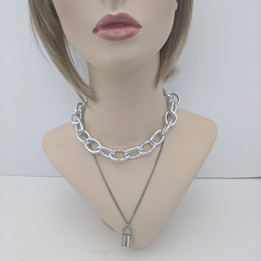 Silver Chain Layered Necklace Chunky Links Lock